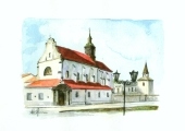 Grafika przedstawiająca dawny klasztor oo. Dominikanów.; grafika: Andrzej Hoffman.
